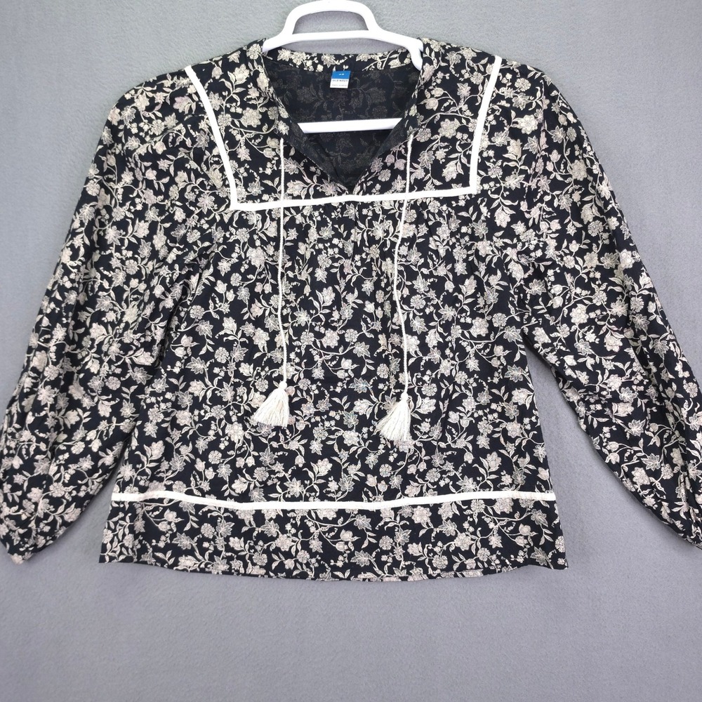 Old Navy Blouse Peasant Floral Tassel Black White XS Cotton Gauze Boho Top